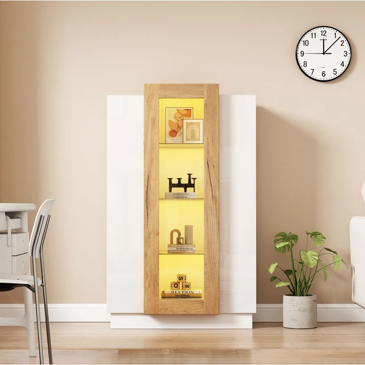 DESVIAE Vitrine mit LED-Beleuchtung und 3 Türen 74x120x40 cm Spanplatte Weiß/Natur – Bild 3