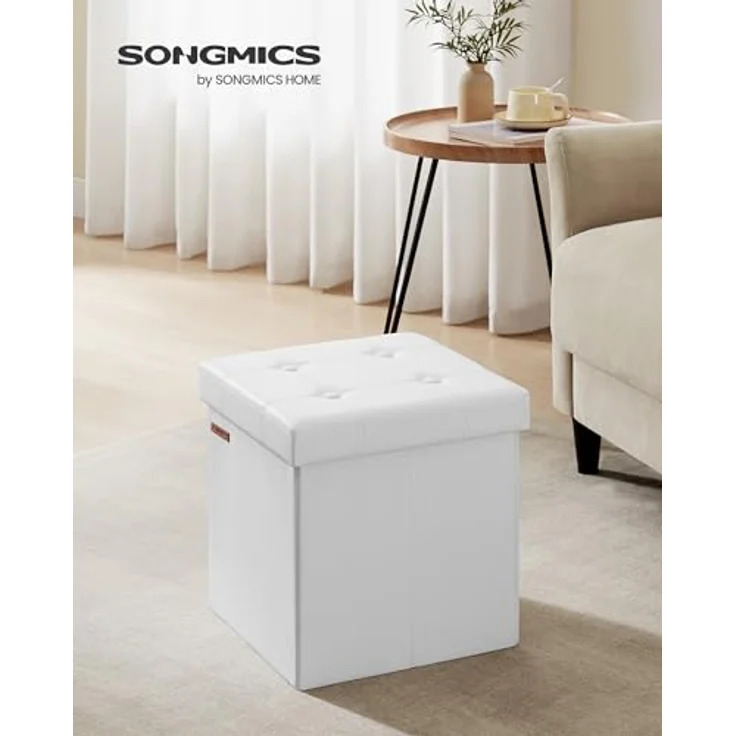 Songmics Sitzhocker 38 cm, Aufbewahrungsbox faltbar, Fußhocker mit Deckel, aus Kunstleder, bis 300 kg belastbar, für Eingang, Wohnzimmer, Schlafzimmer, wolkenweiß LSF030W11 – Bild 3