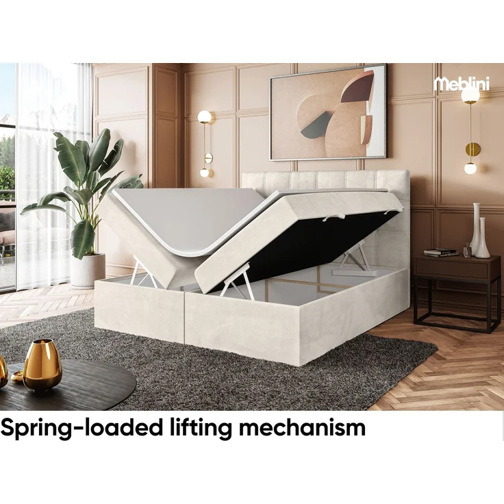 MEBLINI Boxspringbett KAI 180x200cm - H3/Creme Samt - mit Bettkasten - Gepolstert Doppelbett mit Matratze und Topper - Polsterbett mit Stauraum - Bett mit Kopfteil – Bild 4