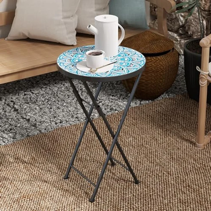 Outsunny Gartentisch mit Mosaik-Design, Ø35,5 x 55 cm, Rund, wetterfest, aus Metall (klappbar Balkontisch, 1-St, Beistelltisch), für Wohnzimmer, Büro, Outdoor, Indoor, Blau – Bild 8
