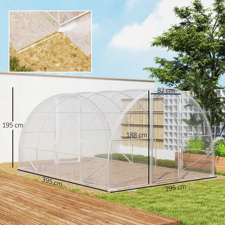 Wohnora-x 3 x 2 m (12 m²) Tunnelgewächshaus mit 2 Flügeltüren und 150 g/m² PE-Folie für Gemüse, Pflanzen und Blumen,H 1950cm x T 1260cm x B 2950cm,Transparent – Bild 4