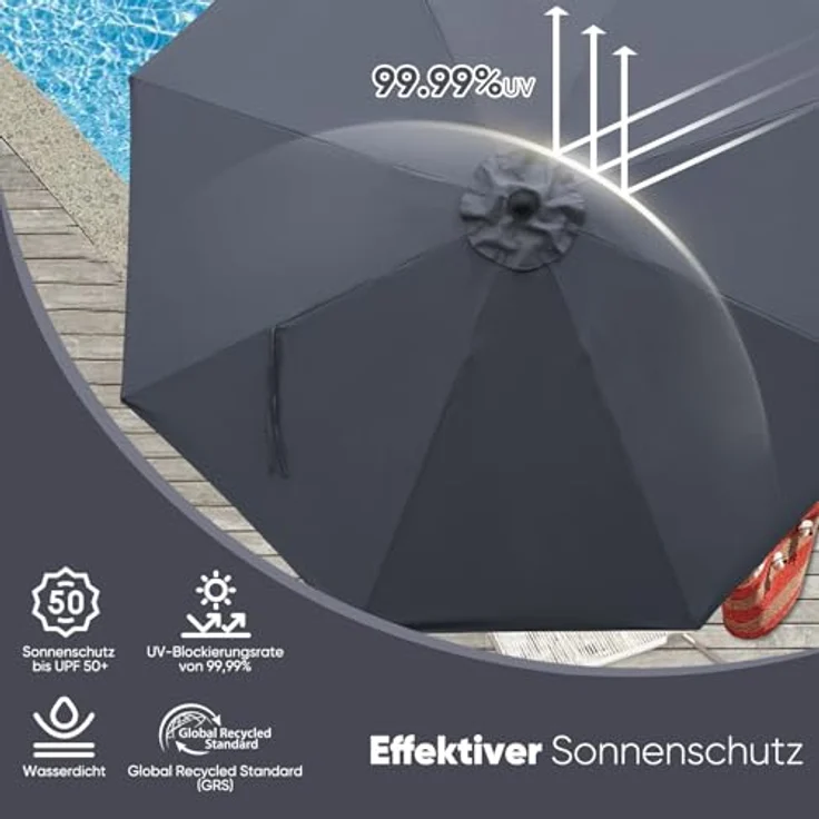 Sekey Sonnenschirm 3m Marktschirm mit Kurbel, Gartenschirm, 8 Streben, Sonnenschutz 50+, LxB: 300,00x300,00 cm, mit/ohne LED-Lichtern, Terrassenschirm Rund – Bild 7