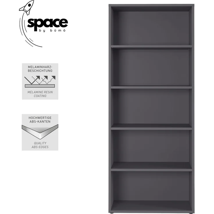 bümö Space Aktenregal Holz, Mehrzweckregal 80 cm breit in Graphit - Regal für 5 OH, Büro Regal groß als Möbel für Arbeitszimmer, Büroregal, Bücherregal & Ordnerregal, SPCAR5OH547 – Bild 2
