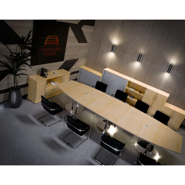 Rheinland Möbel Konferenztisch KONTI 400x130 cm – ovaler Besprechungstisch in Ahorn mit verchromten Säulenfüßen & 2 Kabelauslässen, erweiterbarer Meetingtisch für 12–14 Personen, moderner XXL-Tisch fürs Büro – Bild 4