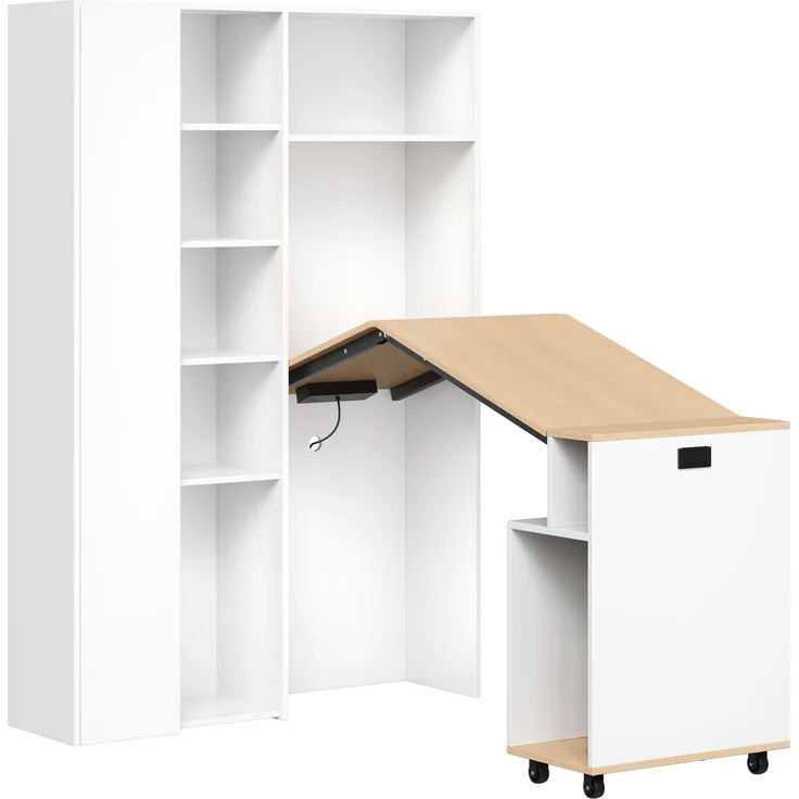 Klappbarer Schreibtisch mit Ablagen –2-in-1-Bücherregal und Schreibtisch, klappbar, mit Steckdose und USB-Anschluss, höhenverstellbare Ablagen, Kippschutz, weiß-Schreibtisch,Eck-Schreibtisch –links – Bild 10