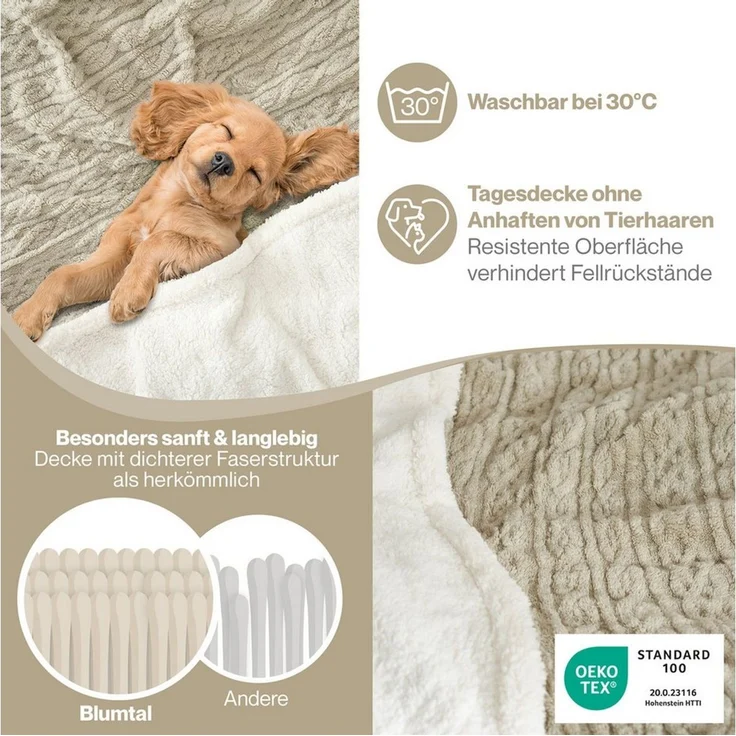 Blumtal Wohndecke, Oeko-TEX zertifiziert, waschbar, weiche Sherpa-Innenseite, Beige/Weiß, 150x200 cm – Bild 1