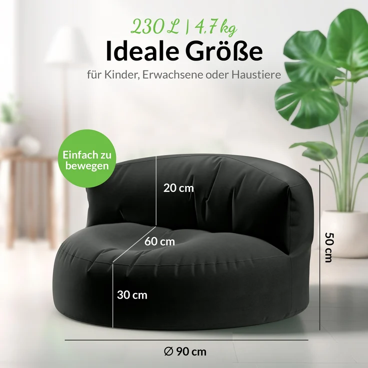 Green Bean® Sitzsack Sofa mit Füllmaterial - Lounge im Sitzsack-Design 90x50cm mit ergonomischer Rückenlehne & waschbarem Bezug - Indoor und Outdoor geeignet in Schwarz – Bild 3