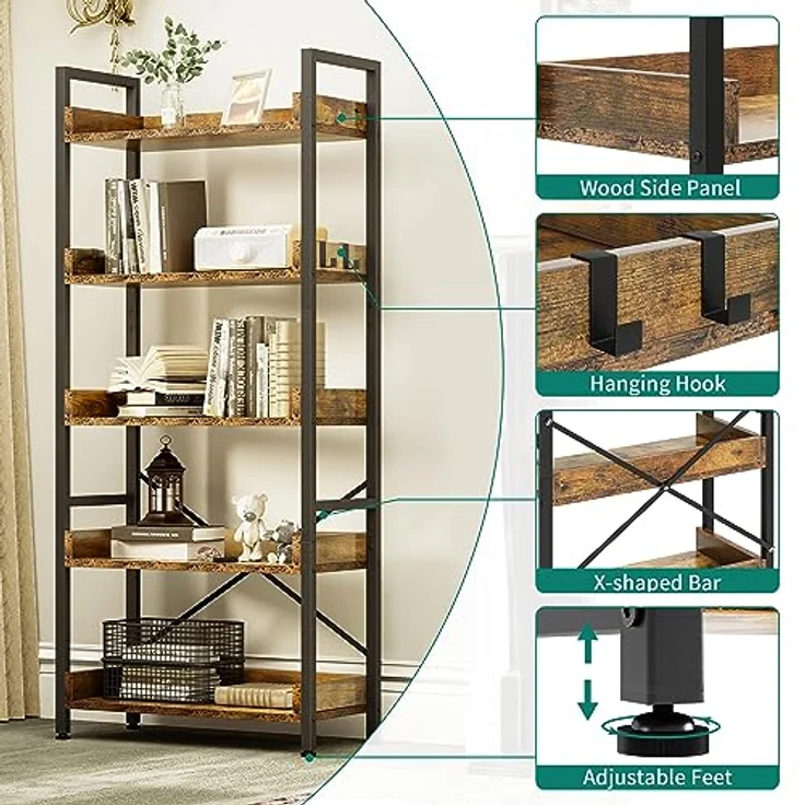 YITAHOME Bücherregal 5 Etagen, Bodenstehendes Bücherregal, Holzregal und stabiles Stahlrahmenregal mit 4 Haken Industrielles Lagerregal für Wohnzimmer, Heimbüro, Vintagebraun – Bild 5