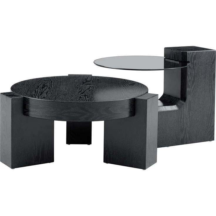 DESVIAE Couchtisch-Set 2-tlg. mit Sicherheitsglas, Ø61x30 cm, MDF in Schwarz Holzoptik – Bild 7