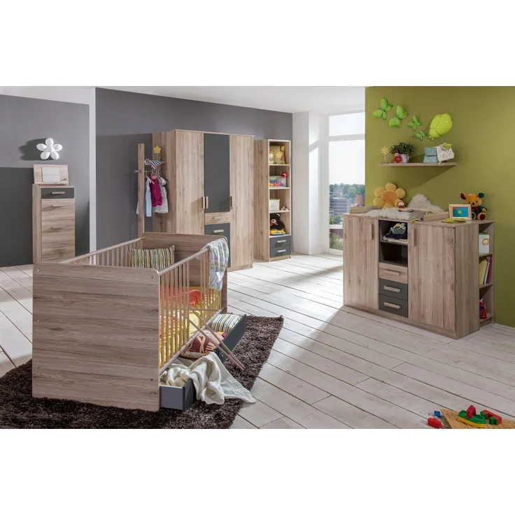 Babyzimmer Cariba 9 teiliges Kinderzimmer Komplett Set in Eiche San Remo und Graphit – Bild 1