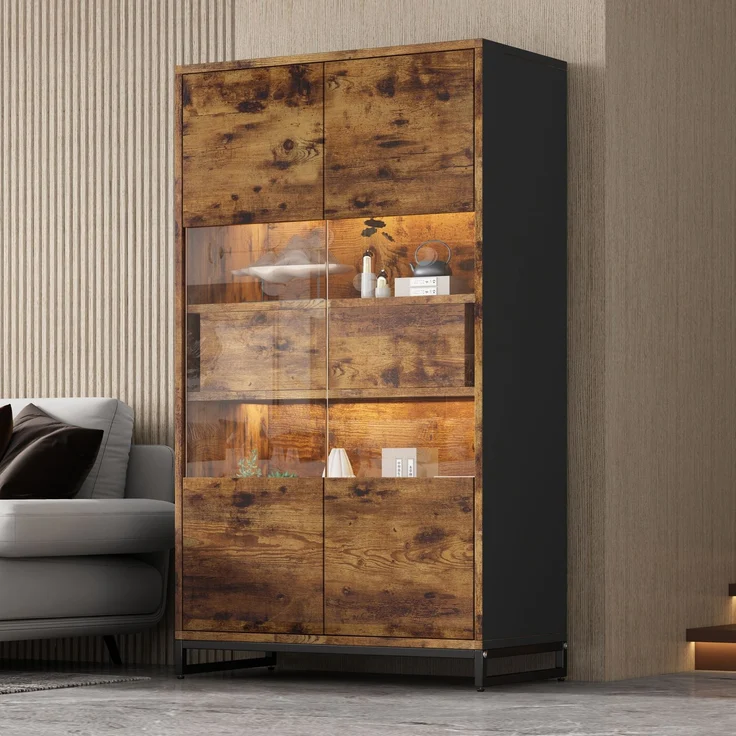 Vitrine 80 x 40 x 138 cm aus MDF mit LED-Beleuchtung, 2 Schubladen, Schwarz/Holzmaserung – Bild 2