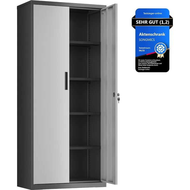 Songmics Aktenschrank, Mehrzweckschrank, Stahl-Aufbewahrungsschrank, 5 Ebenen, Doppeltüren, Schloss, Werkzeugschrank, verstellbare Ablagen, Garage, Büro, Wohnzimmer, silbern-schwarz OMC015S01