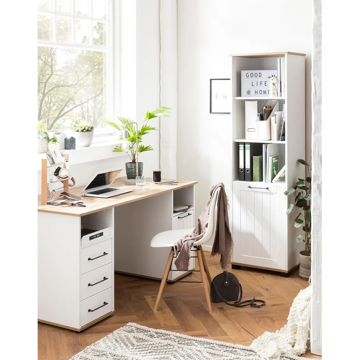 Schildmeyer Hochschrank, Holzwerkstoff, matt weiß/Eiche Landhaus Dekor, 52,3 x 41 x 177,4 cm – Bild 2