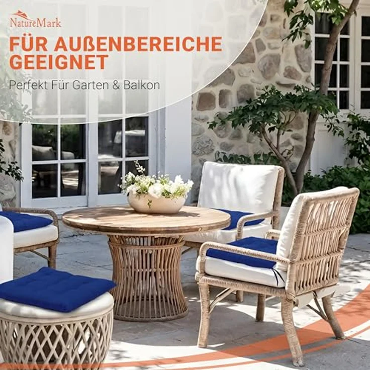 NatureMark 4er Set Stuhlkissen mit Bändern Gr. 40x40 cm Sitzkissen gefüllt, Navy Blau – Bild 4