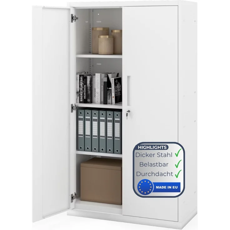 Metallschrank mit Sockel RUEL - 160x90x40cm Weiß | Büroschrank Aktenschrank Stahlschrank Fachbodenschrank Werkstattschrank – Bild 1