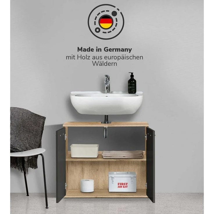 mokebo Waschbeckenunterschrank Der Waschbär (mit Einlegeboden) Waschtischunterschrank oder Badezimmerschrank in Eiche Schwarz – Bild 2