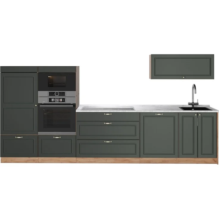 Küchenzeile Fame-Line Grün-Gold Landhaus/Goldkraft Eiche 340 cm, AP Marmor Vicco – Bild 1