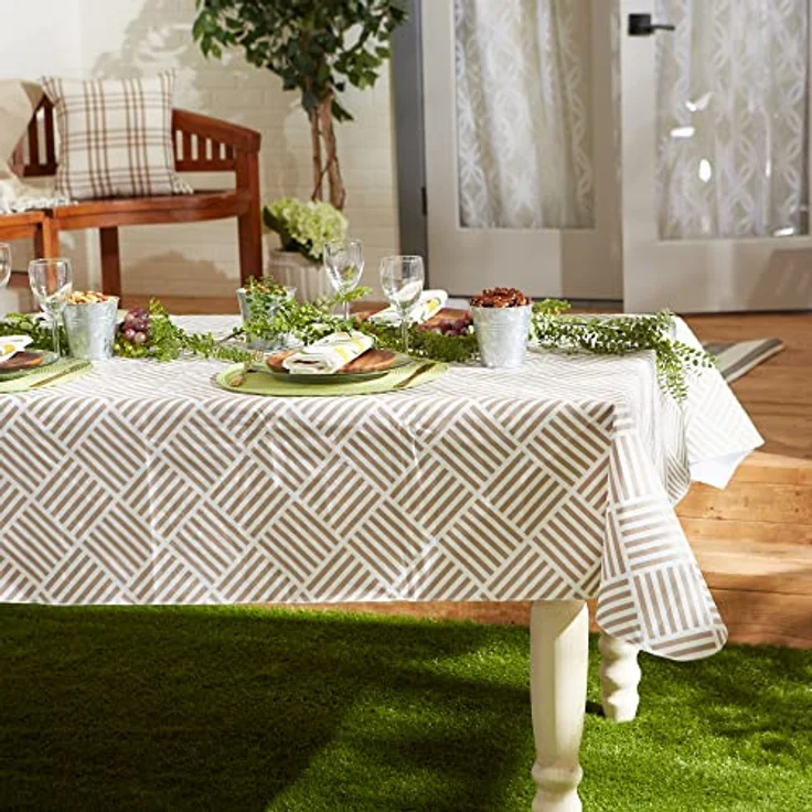 DII Vinyl-Tischdecke für drinnen und draußen, Gittermuster, Flanell-Rückseite, 178 cm, rund, Steingrau – Bild 3