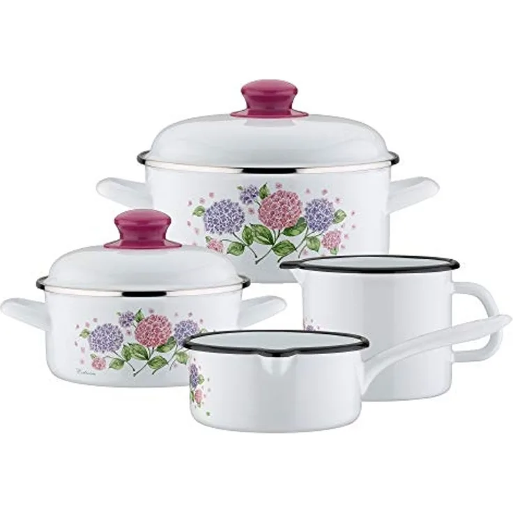 GSW Topf-Set Hortensie, Stahl-Emaille (Set, 6-tlg, je 1x Kochtopf Ø 16/20 cm, Stielkasserolle Ø 16 cm, Milchtopf Ø 12 cm), Induktion