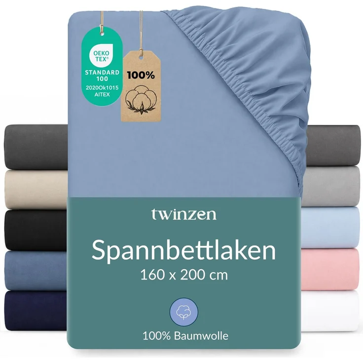 Twinzen Spannbettlaken 160x200 cm - 100% Jersey Baumwolle, Hellblau - Oeko Tex Zertifiziert - Bettlaken 160x200