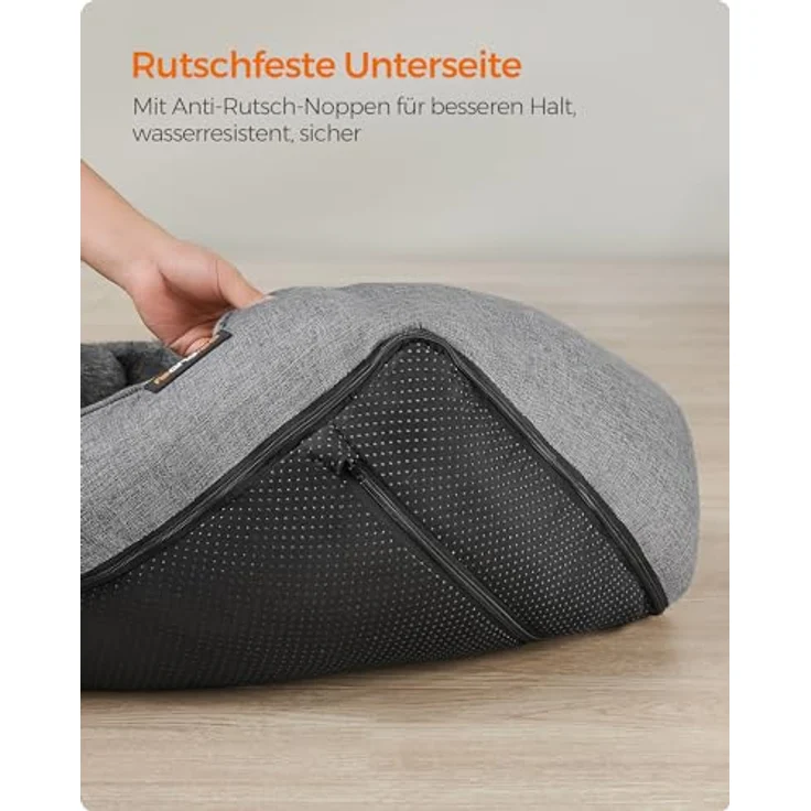 Feandrea Katzenbett, Hundebett, Hundekissen in Leinenoptik, erhöhte Ränder, rutschfeste Unterseite, Bezug abnehmbar waschbar, S, für Minihund, 60 x 50 x 21 cm, hellgrau PGW009G02 – Bild 8