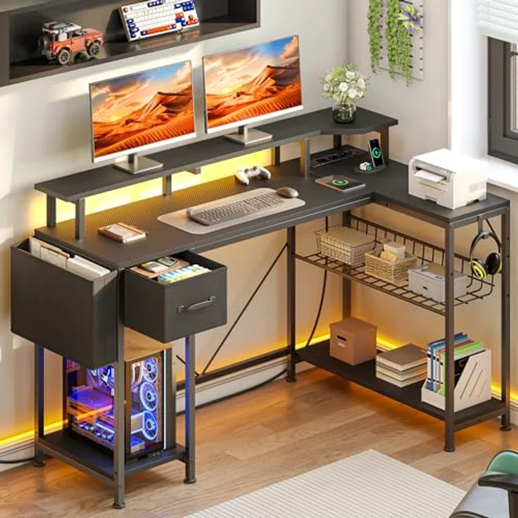 YITAHOME Gaming Tisch mit Steckdosen & LED-Lichter, L Form Computer Schreibtisch mit Monitorständer, Eckschreibtisch mit Schubladen & Regalen, Computertisch für Home Office, 120 x 50 x 92 cm, Schwarz – Bild 7