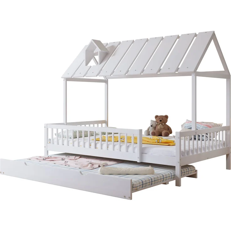 Hausbett Kinderbett 120x200 mit Rollbett Dach Kaminleiste Kiefer MDF Lattenrost weiß Jugendbett Schlafplatz – Bild 6