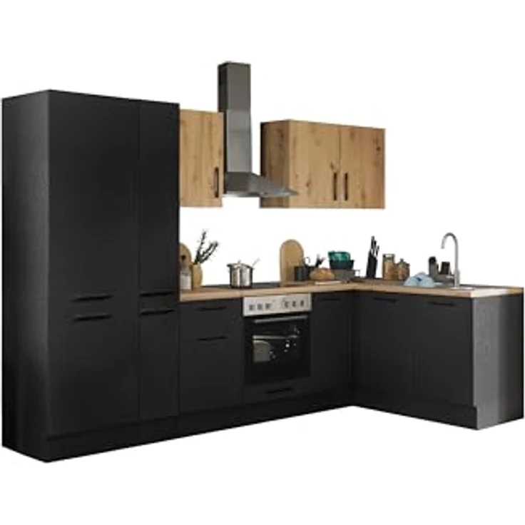 Turin L Eckküche 300 x 211 x 60 cm, schwarz - Ohne Küchengeräte - Moderne, geräumige Küche in Artisan-Eiche Optik mit viel Stauraum – Bild 2