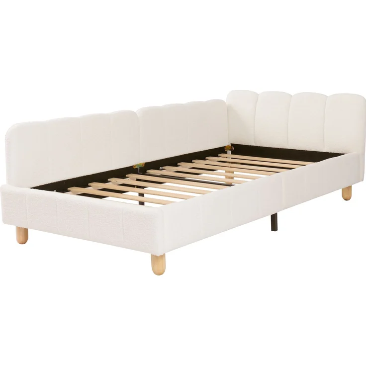 Merax Polsterbett, Einzelbett, Kinderbett 90x200 cm, Bett mit und gepolstertes Kopfteil und Rausfallschutz, Bettbeine aus Massivholz, bouclé, beige – Bild 8