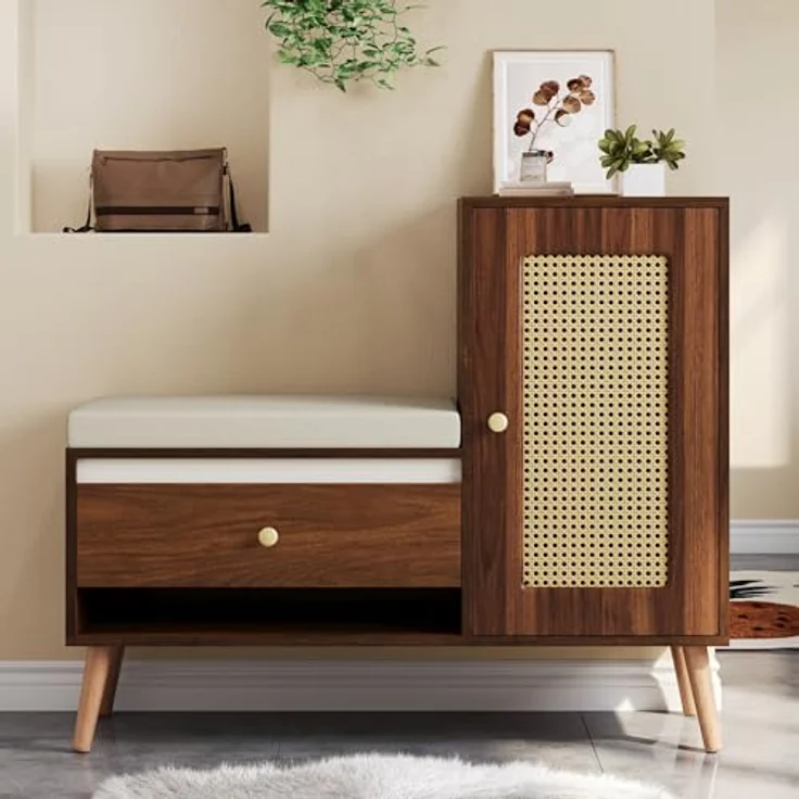 Schuhschrank Rattan Garderobenbank mit Sitzpolster, Walnussfarbe | Multifunktional, Schubladen & offene Fächer, Schranktür, 95,5×35×80cm – Bild 2