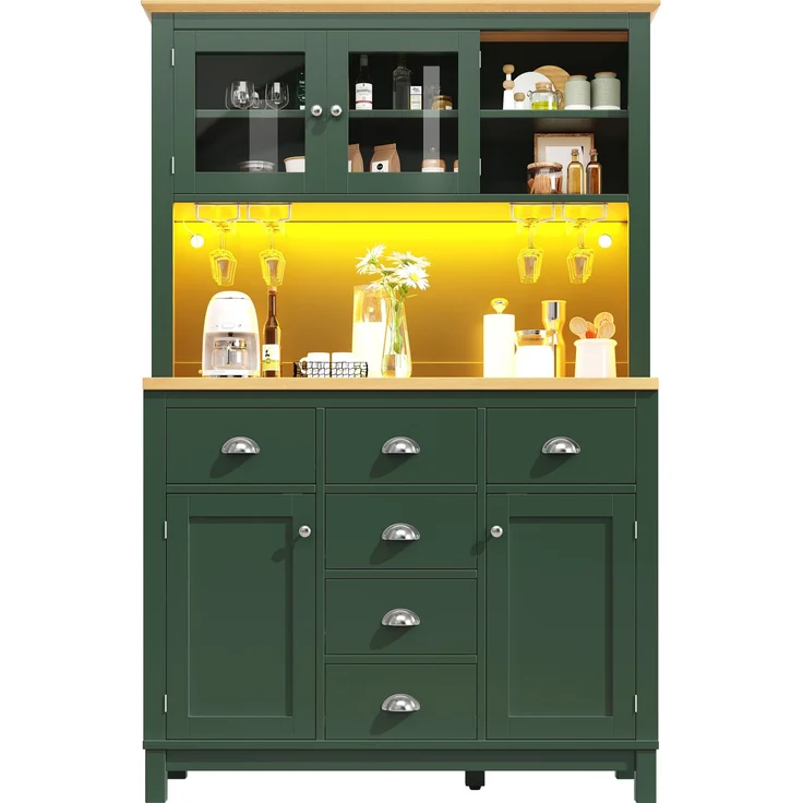 Seitenboard / Aufbewahrungsschrank / Küchenschrank / Buffetschrank, 104x40x180cm, Landhausstil, 4 Türen, mit LED-Lichtleiste & Getränkehaltern, Grün/Weiß--Grün--104x40x180cm--YOUDENOVA – Bild 9