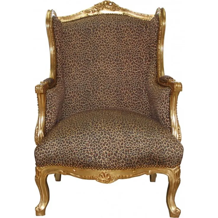 Casa Padrino Barock Lounge Thron Sessel Leopard / Gold Mod2 - Ohren Sessel - Ohrensessel Tron Stuhl