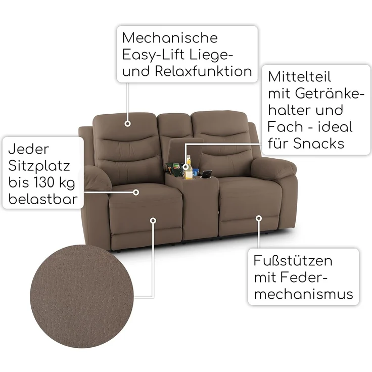 Raburg 2-Sitzer Kinosessel, 2er-Fernsehsessel, mechanisch, Pixx, mit Relaxfunktion, für 2 Personen, Belastbarkeit je Sitzplatz 130 kg – Bild 4
