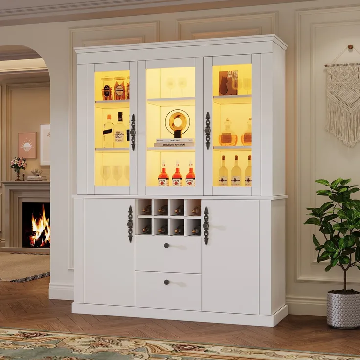 130*37.5*170.5cm Vitrine, Standvitrine mit 2 Schubladen 4 Schranktüren, Glasvitrine mit LED, Wohnzimmerschrank 130 cm breit, Multifunktionsschrank mit 8 Weinregal, Großer Schrank, Weiß