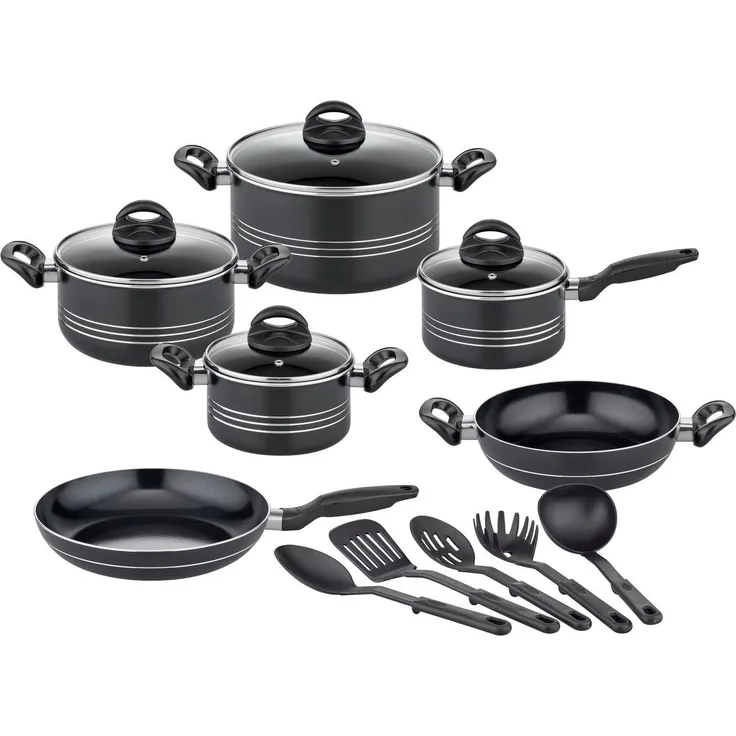 GSW Topf-Set Milano Nero, Aluminium (Set, 15-tlg, je 1 Kochtopf 16/20/2 cm, 1 Stielkasserolle 16cm, je 1 Pfanne 24/28cm), Induktion, inkl. 5-teiliges Küchenhelfer-Set