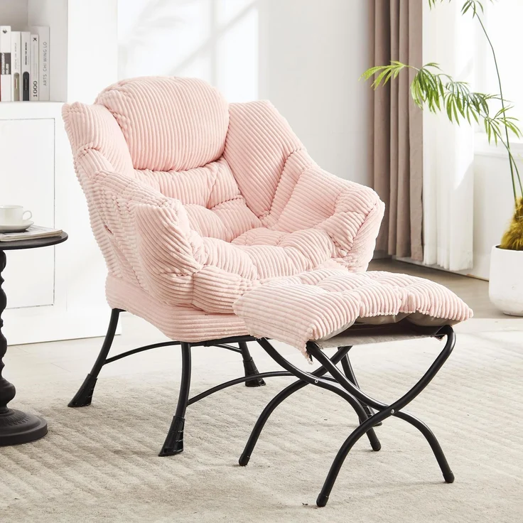 LVHOM Relaxsessel mit Hocker, Loungesessel mit Seitentasche, Lesesessel aus Cordstoff, bequem gepolstert, Metallgestell, bis 180kg belastbar, Rosa – Bild 3