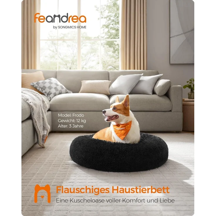 Feandrea Hundebett flauschig, Katzenbett, Donut Kissen, waschbar, Polsterung in der Mitte herausnehmbar, Langer Plüsch, 80 cm Durchmesser, tintenschwarz PGW040B01 – Bild 3