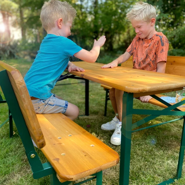 roba Outdoor Party-Garnitur für Kinder + Polster 'Little Stars' - Kindersitzgruppe mit Lehne aus FSC zertifiziertem Holz - 2 Bänke + 1 Tisch - Klappbare Sitzmöbel - Teak – Bild 11