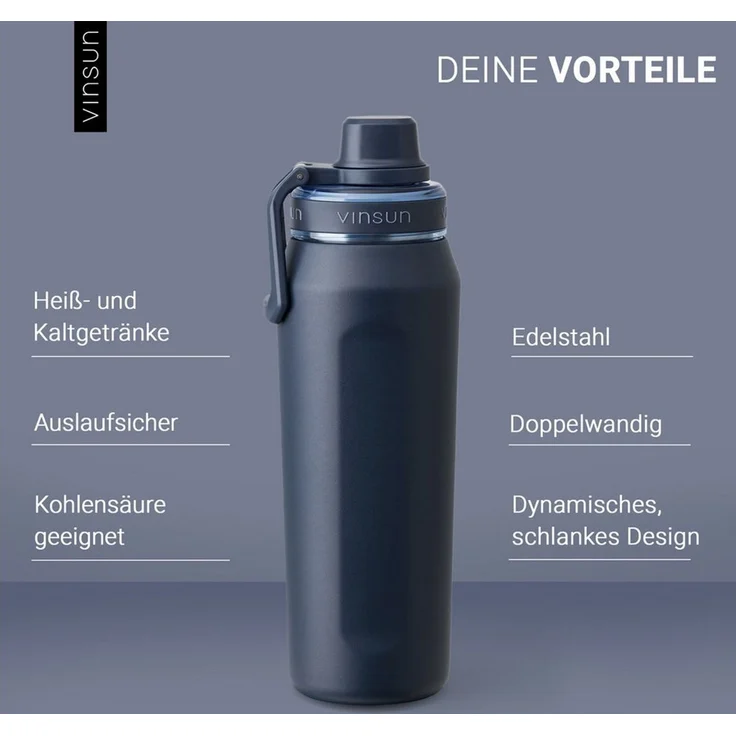 Vinsun Isolierflasche Edelstahl Trinkflasche 750ml - Thermoflasche Sport BPA frei leicht, Doppelwandig isoliert, auslaufsicher, Kohlensäure geeignet, robust – Bild 2