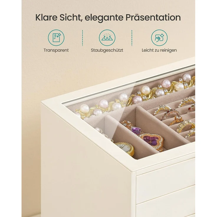 SONGMICS Schmuckkästchen aus Holz mit Glasdeckel, Schmuck Organizer mit 5 Ebenen, 24 x 17,2 x 18,4 cm, Weiß – Bild 3