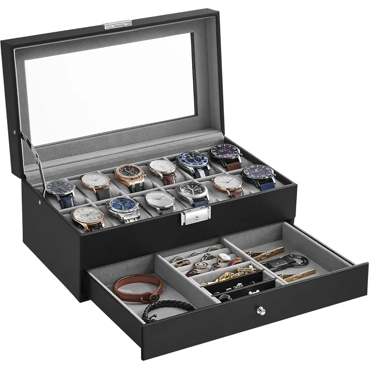 SONGMICS Uhrenbox Uhrenkasten, mit 2 Ebenen, 12 Fächer und 1 Schublade