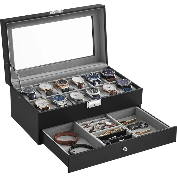 SONGMICS Uhrenbox Uhrenkasten, mit 2 Ebenen, 12 Fächer und 1 Schublade