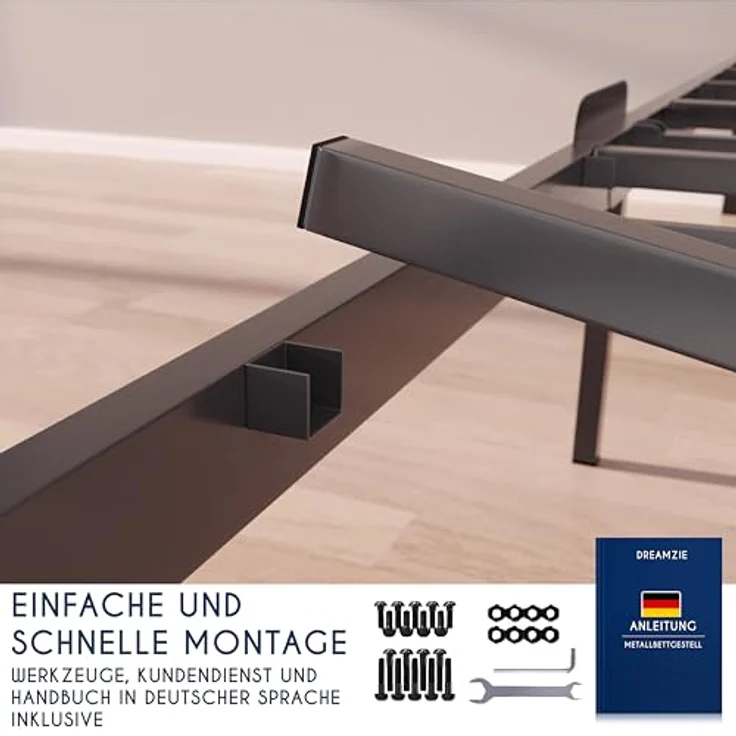 Dreamzie Bettgestell 140x190 mit Lattenrost aus Metall - Bett 140x190 für Matratze, Höche 35 cm - Großer Stauraum, Leicht zu Montieren und Stabil - Schwarzer Lattenrost – Bild 5