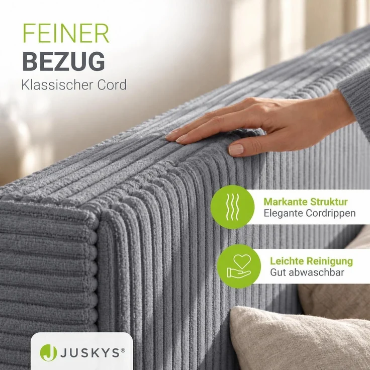 Juskys Polsterbett Salerno 140 x 200 cm – Cord Grau, modernes Bett mit Kopf- & Fußteil, stabilem Holz- & Metallrahmen, Lattenrost, 500 kg Tragkraft – Bild 3