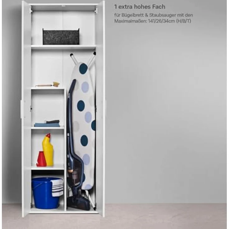 mokebo® Besenschrank 'Der Lange' moderner Mehrzweckschrank mit Staubsaugerfach, Schrank & Putzschrank, Made in Germany | 60 x 180 x 34 (B/H/T in cm) | Weiß – Bild 5