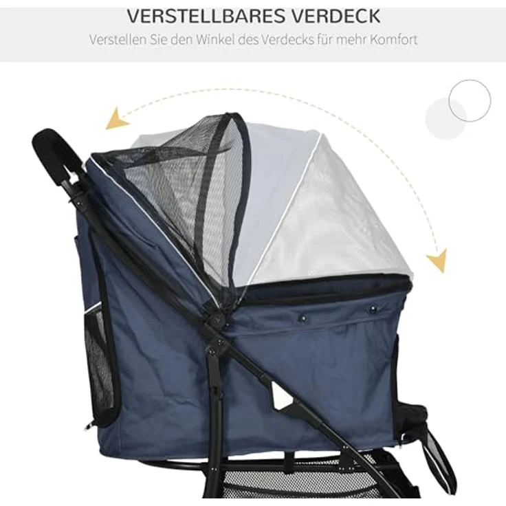 PawHut Hundebuggy mit Kissen, 4 Rädern, Netzfenster, Stauraum, (Hundewagen, 1-tlg), für kleine Hunde, Katzen, 600D Oxford, Marineblau – Bild 8