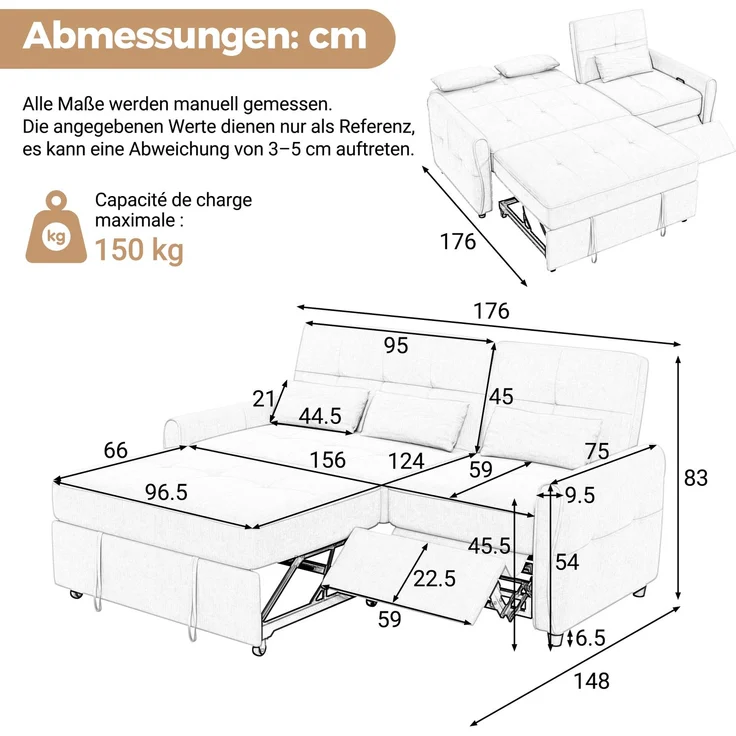 EINHOM 3-Sitzer Schlafsofa Ausziehbar – 3-in-1 Sofabett aus Chenille-Stoff, ausziehbare Liegefläche, 3-fach verstellbare Rückenlehne (90°, 145°, 180°) & Schlaffunktion – Bild 6