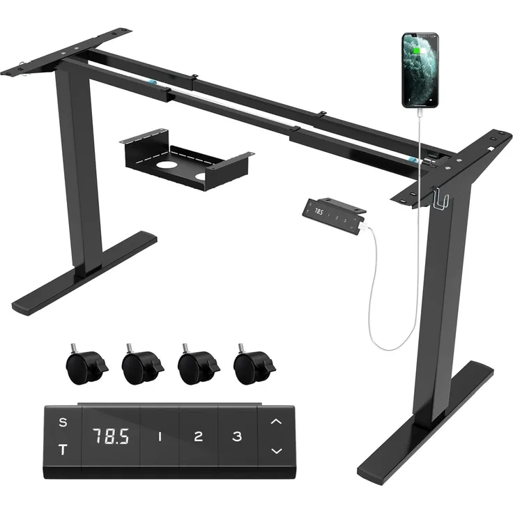 JUMMICO Schreibtischgestell elektrisch höhenverstellbar mit USB-Buchse, Rollen & Touchscreen-Tastatur, Schwarz