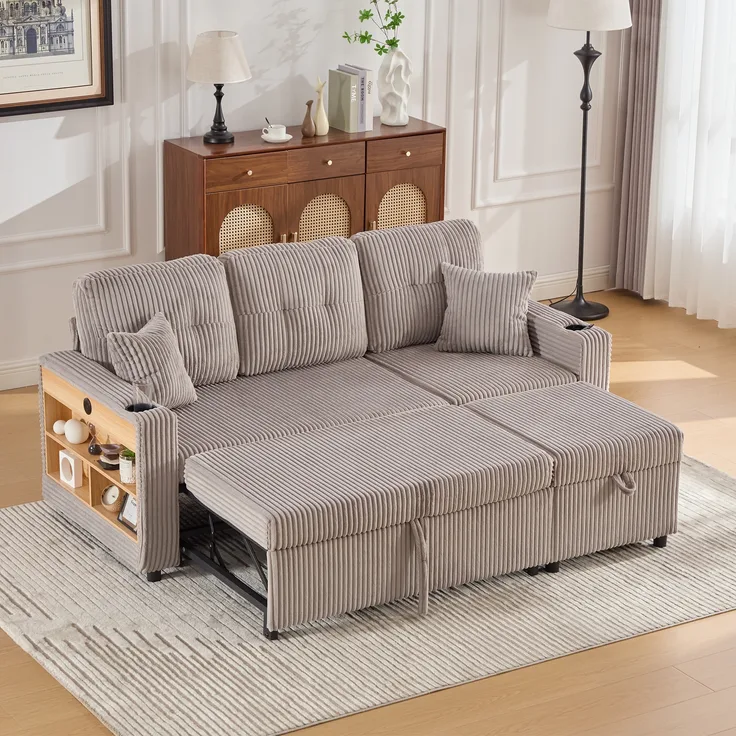 Mehrfunktionales Cord-Sofa mit Stauraum & Ausziehbett. Inkl. USB-C, Ambientebeleuchtung, Getränkehaltern & breiten Armlehnen. Schafft gemütliche Wohlfühlbereiche in Wohn- und Gästezimmer.