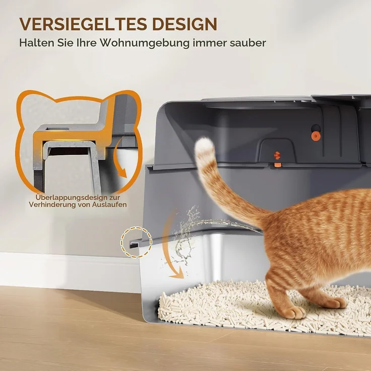 Edelstahl Katzenklo mit Deckel XXXL, 70 x 50 x 42cm, Dunkelgrau, Geschlossene Metall Katzentoilette, 105° Klappdeckel, Inklusive Pedal und Schaufel, Leicht zu Reinigen, Zwei Türen – Bild 3